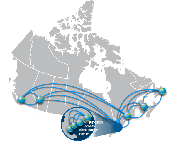 Map of Canada illustrating 9 redundant data centres across the country.